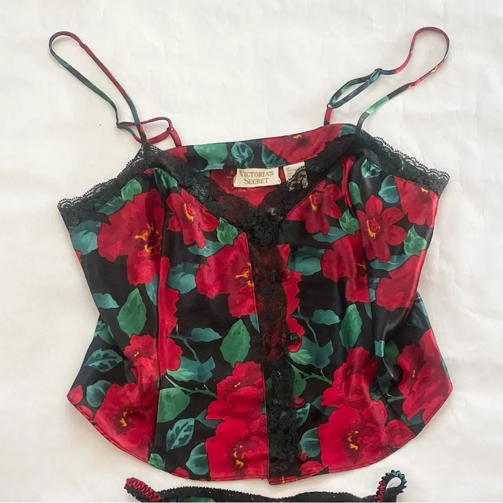 90s Victoria’s Secret Silky Satin Floral Print Vintage Lace Camisole Gold Label - Picture 1 of 8